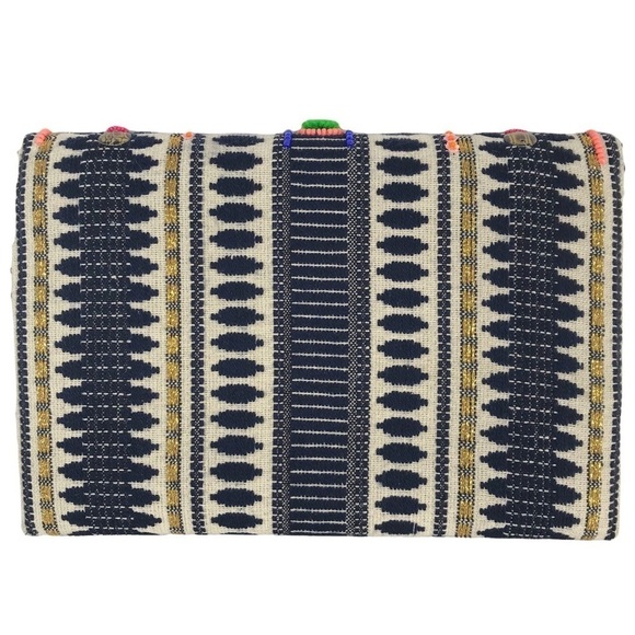 CHARADE Bohemian Pom Pom Clutch w/ Chain Crossbody Multicolor Handbag Purse - Picture 3 of 11